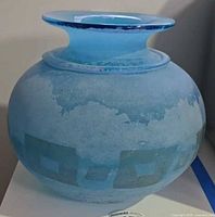 Full side view of blue frosted Seguso vase showing shape and geometric band