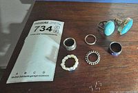 Eight rings laid out showing overall contents