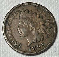 Obverse of 1893 Indian Head Cent displaying Liberty head and date
