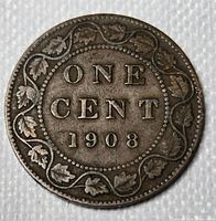 Reverse showing ONE CENT 1908 and maple-leaf wreath