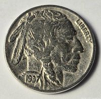 Obverse of 1937 Buffalo nickel showing Indian head and date