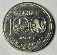 Reverse of 1974 Winnipeg Centennial dollar showing 100 design, ox cart, skyline