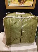 Comforter front view in clear zip case showing green striped pattern