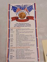 Front of commemorative card with 1976 Lincoln cent and timeline