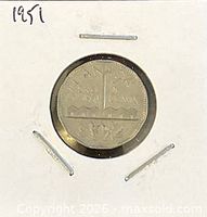 Reverse side showing stylized nickel refinery, CANADA 5 CENTS, dates 1751-1951