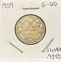 Reverse side showing 25 CENTS CANADA 1909 within wreath