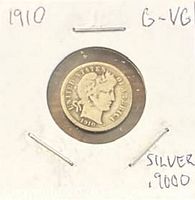 Obverse of 1910 Barber dime in holder