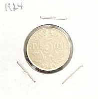Reverse of 1924 Canadian 5-cent coin in holder