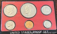 Obverse view of full 1977 proof coin set in case