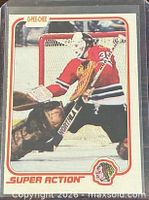 Front of 1981-82 O-Pee-Chee Tony Esposito Super Action card in sleeve