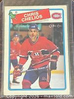 Front of Chris Chelios O-Pee-Chee hockey card in protective sleeve