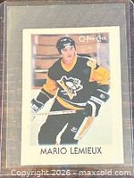 Front of Mario Lemieux O-Pee-Chee Mini card in protective sleeve
