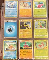 Front view of nine Pokémon cards in binder sleeve