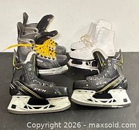 Group shot showing both pairs: CCM hockey skates, Winnwell figure skates