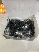 Open box showing bundled black cord and clear S14 bulbs