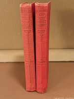 Spine view of both red cloth volumes showing titles and decorative design