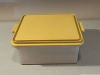 Container front view showing yellow lid and off-white base