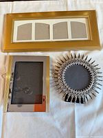 Gold triple-opening frame, silver-tone frame with gold stripes, circular rhinestone frame