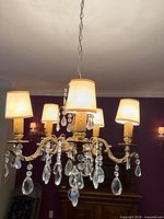 Full view of brass chandelier with shades and crystals