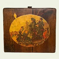 Front view of wooden plaque with oval Victorian illustration