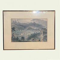 Full view of framed lithograph showing image, mat, frame