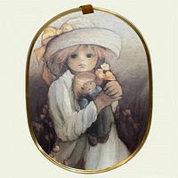 Full view of oval framed wall print showing girl with doll and flowers