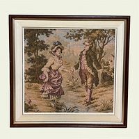 Full view of framed needlepoint panel showing entire scene and frame