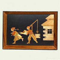 Full view of framed straw marquetry picture