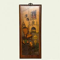 Full view of lithograph mounted on wood panel with visible wood frame and hanging hardware