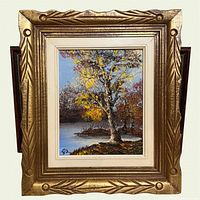 Frontal view of framed painting showing artwork and frame