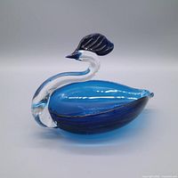 left profile of blue glass swan bowl showing clear neck and dark blue head