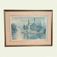 Full shot of framed Keirstead print in wood/gilt frame with linen mat