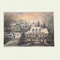 Full view of mounted winter village print on cream MDF backing