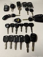 All sixteen keys and remotes laid out, grouped by type