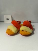Front view of pair of fuzzy UGG kids slides