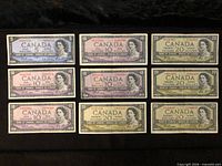 Fronts of nine banknotes showing denominations and portrait