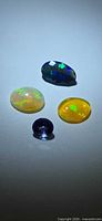 Four loose gemstones arranged—black opal, white opal, butterscotch opal, tanzanite