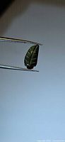 Leaf-shaped green tourmaline held in tweezers, profile view