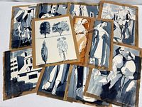 All paintings spread out to show quantity and variety