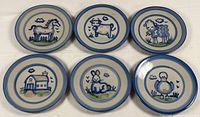 Six hand-painted Hadley Country Scene Blue plates showing all motifs