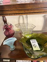 Group view showing cranberry hobnail vase, aqua opalescent vase, olive green bowl, clear basket