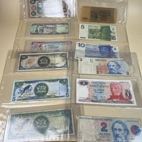 Front sides of multiple foreign banknotes in binder sleeves