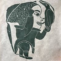 Full view of Inuit print showing woman with bird