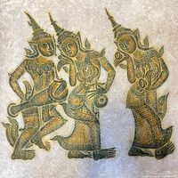 Full view of Thai temple rubbing artwork showing three musicians