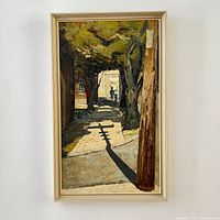 Full framed painting showing alley scene with telephone pole and figures