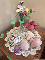 Group view of glassware, ceramic floral, faux fruit, paperweight