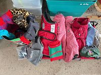 Cot with multiple dog jackets, sweaters, boots and accessories arranged on top