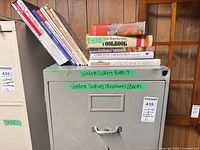 Stack of key hardcover cookbooks on filing cabinet