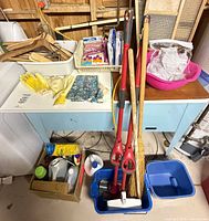 Group view showing hangers, gloves, cleaning supplies, floor tools, buckets