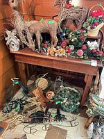Full view of stained hardwood table cluttered with decorative items (not included)